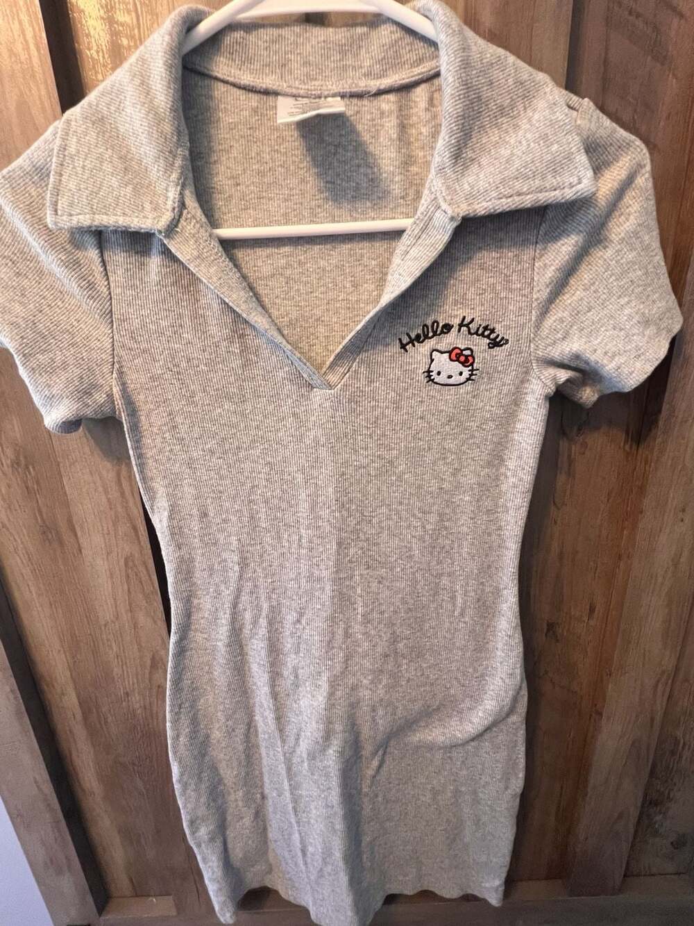 Hello Kitty Sanrio Grey Ribbed Knit Polo Mini Dress